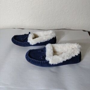 Talbots Womens Navy Blue Suede Faux Fur Lined Moccasin Slippers Size 7M CN5430